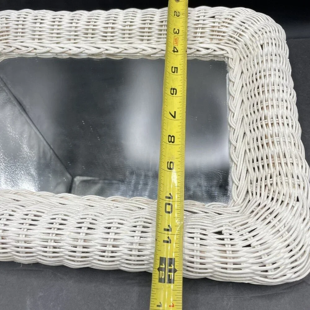 Vintage White Wicker Rectangle Wall Mirror Rattan  11